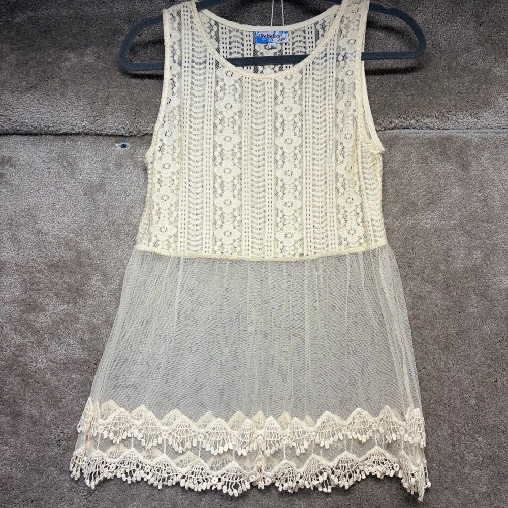 Rebellion Again Cream Lace Mesh Sleeveless Tunic Top Boho Crochet Fringe Medium